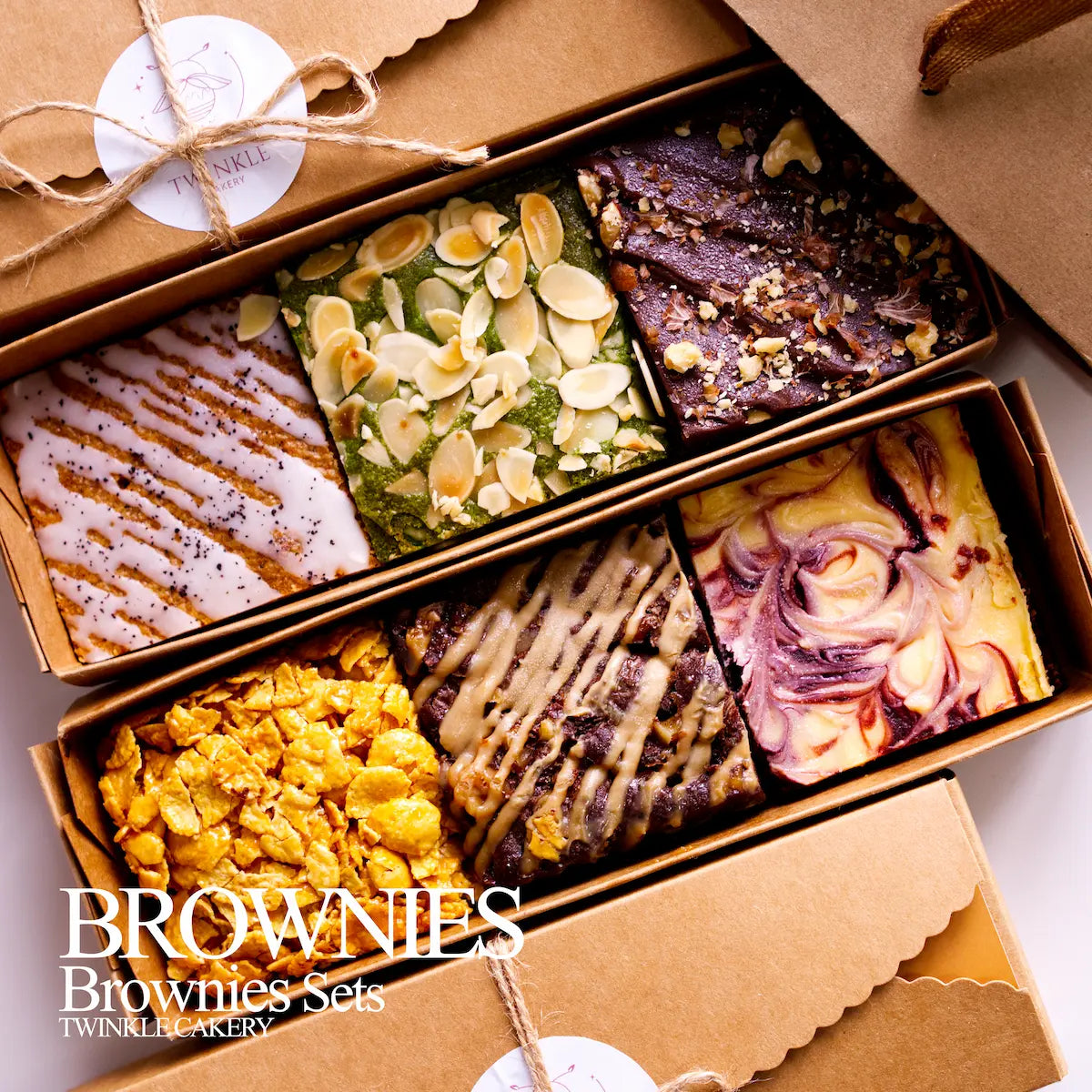 Close-up of crackly-top fudgy brownies in a custom gift box, available for pickup in Cyberjaya and Subang.