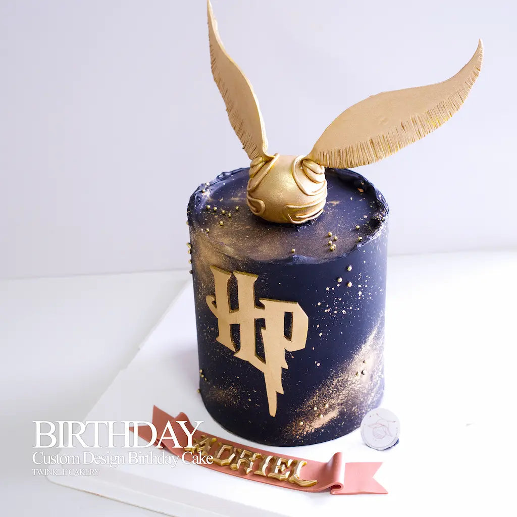 Front HP logo lettering with edible gold spray shimmer birthday cake in Harry Potter theme. Delivery across Selangor and Kuala Lumpur by Twinkle Cakery