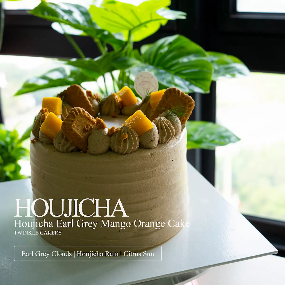 Handcrafted houjicha Earl Grey mango orange cake for a birthday celebration in Kuala Lumpur.