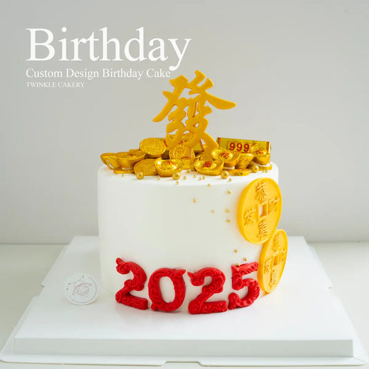 Huat birthday cake with gold design - prosperity theme cake delivery Selangor