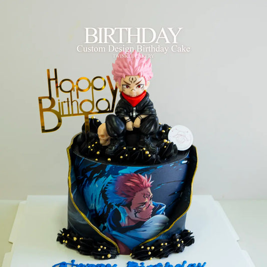 Jujutsu Kaisen Yuji Itadori birthday cake with pink hair and Sukuna markings - anime character cake delivery in Selangor & KL