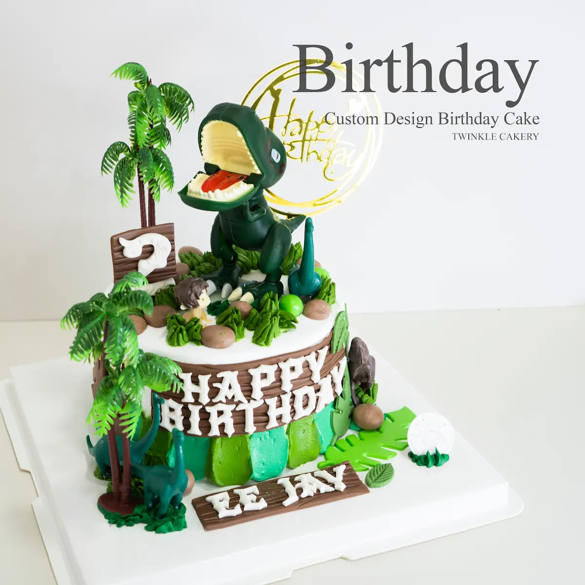Jurassic World cake with T-Rex and palm trees - Dinosaur birthday cake KL/Selangor