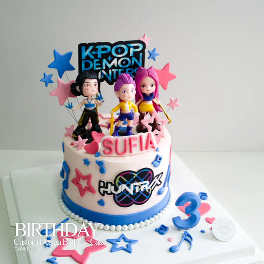 Custom K-Pop Demon Hunters anime birthday cake with Rumi, Mira, and Zoey toppers in KL and Selangor