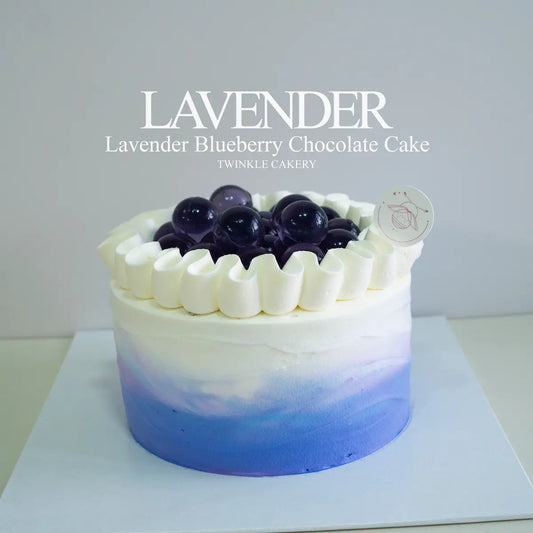 Lavender blueberry chocolate chiffon cake topped with fresh cream and lavender jelly balls by Twinkle Cakery.