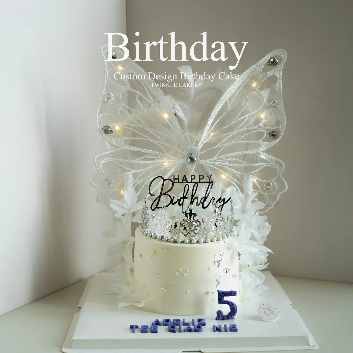 LED butterfly birthday cake with glowing topper and silver crown - romantic cake delivery in Selangor & KL