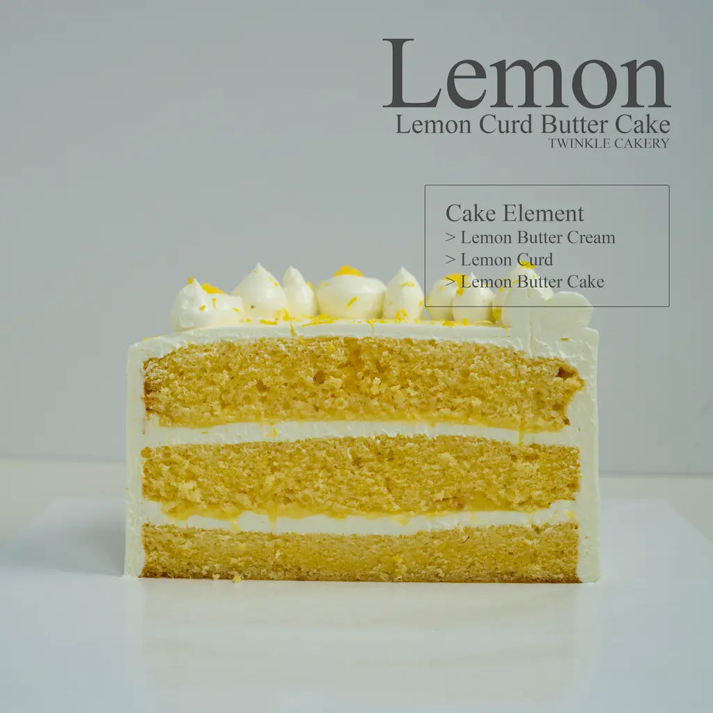 A deep cross-section slice of a moist lemon butter cake showing the dense golden crumb layers infused with rich, tangy house-made lemon curd.