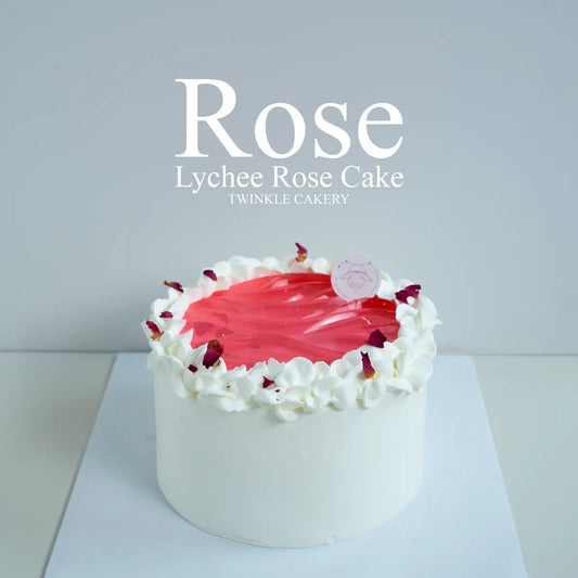 Whole lychee rose chiffon cake with fresh cream finish and glossy rose jelly top by Twinkle Cakery.