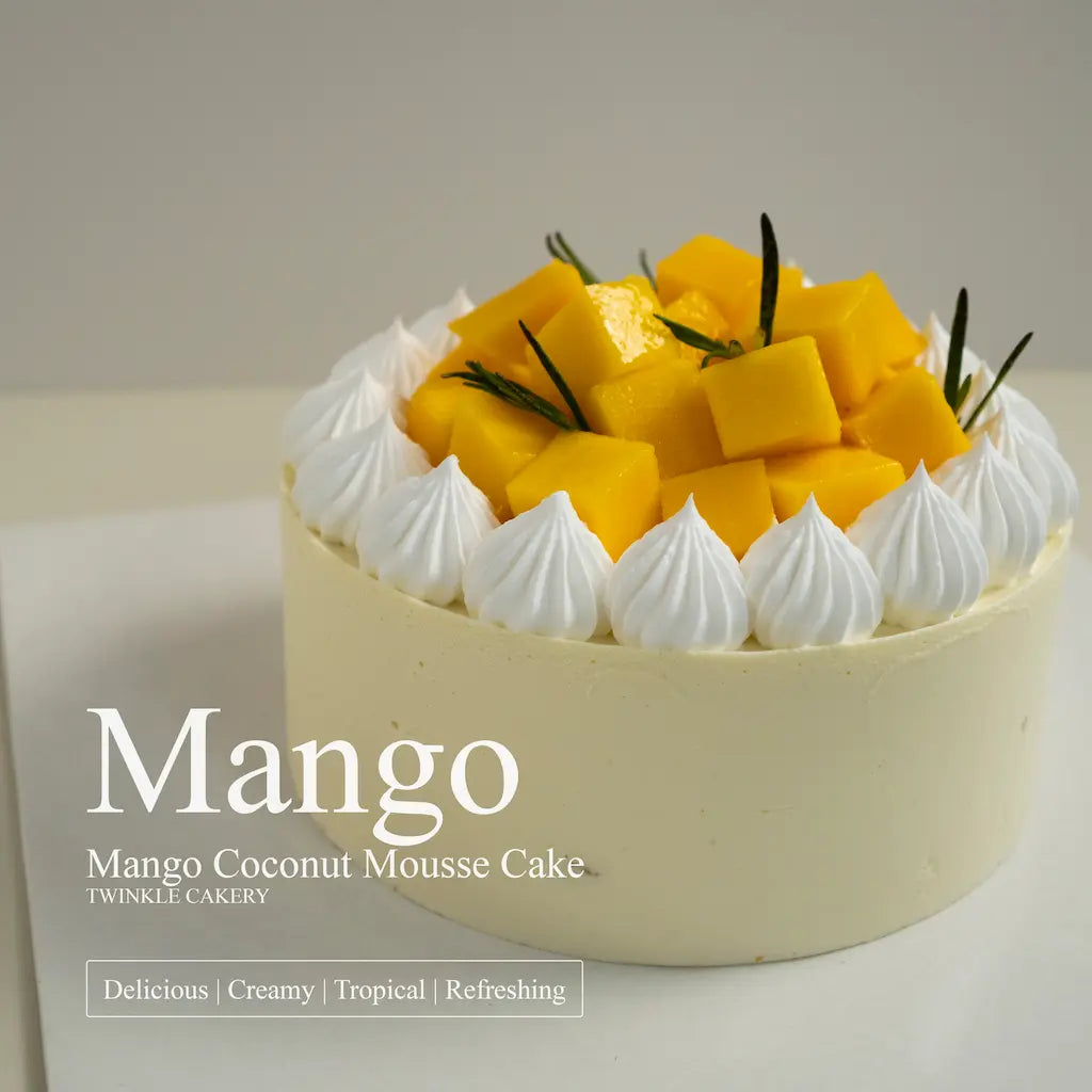 An elegant mango coconut mousse cake at a modern birthday celebration in Selangor.