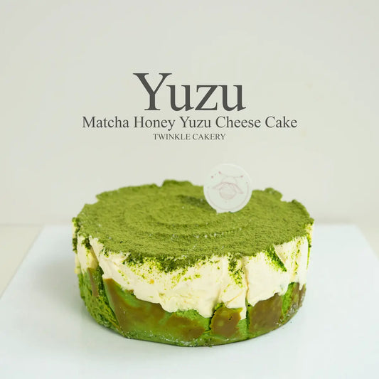 Dual layer matcha burnt cheesecake and honey yuzu mousse cake with matcha powder dusting by Twinkle Cakery KL & Selangor