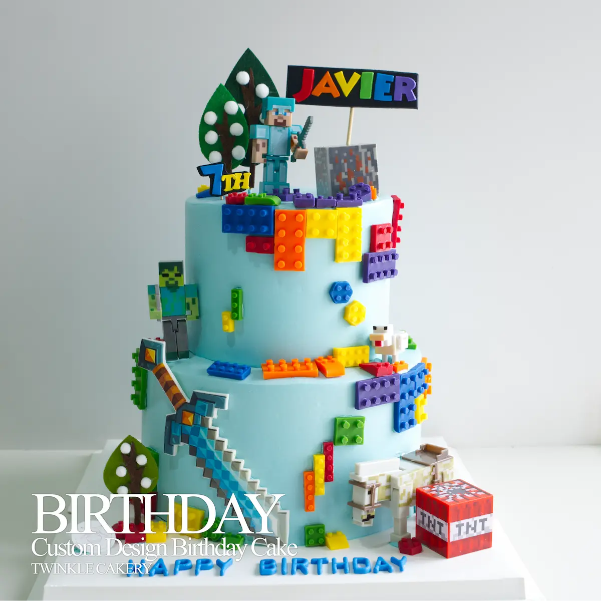 Minecraft 2-layer birthday cake with block design and game characters - gaming theme cake delivery in Selangor & KL