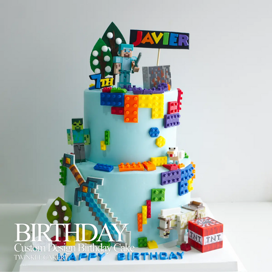 Minecraft 2-layer birthday cake with block design and game characters - gaming theme cake delivery in Selangor & KL