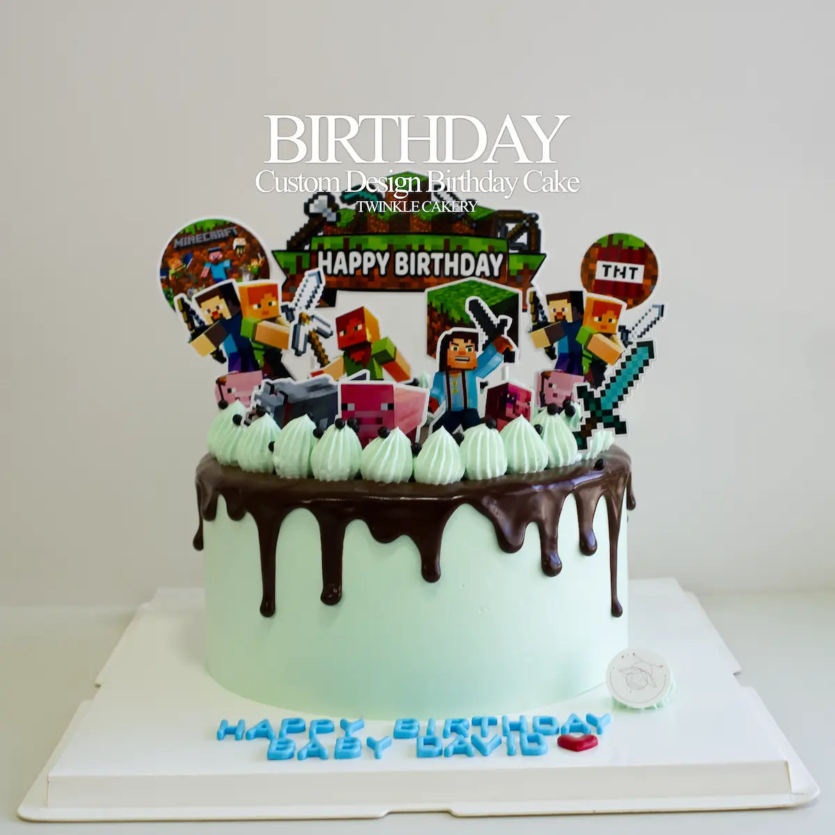 Custom Minecraft birthday cake with Steve and Creeper characters in KL Selangor.
