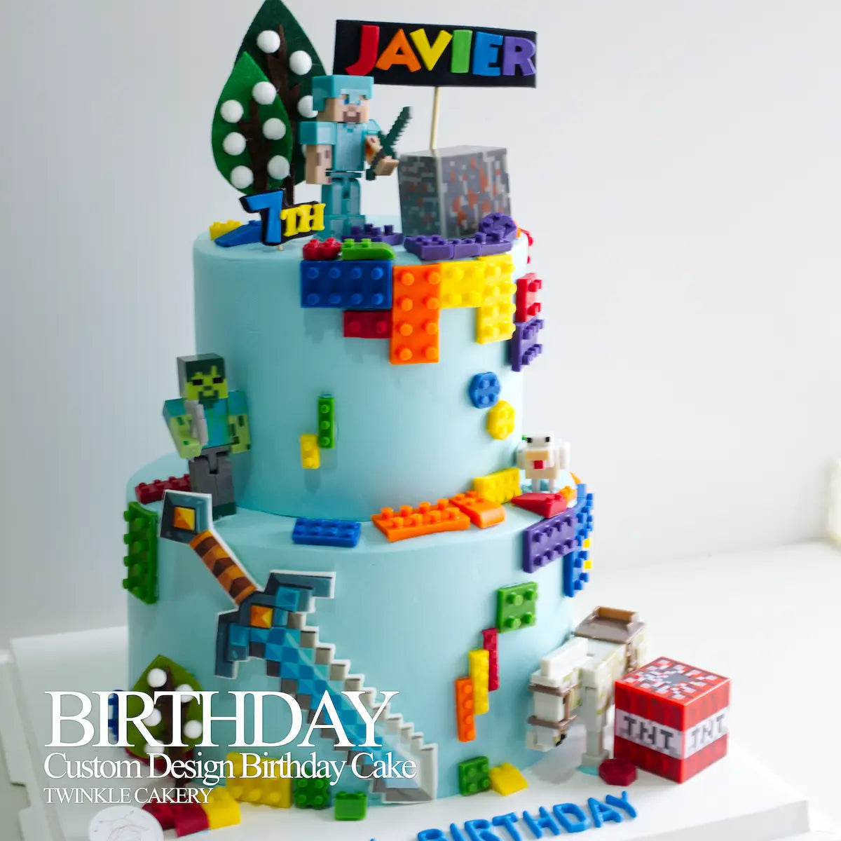 Minecraft world elements like trees, animals, and tools on cake. Delivery across Selangor