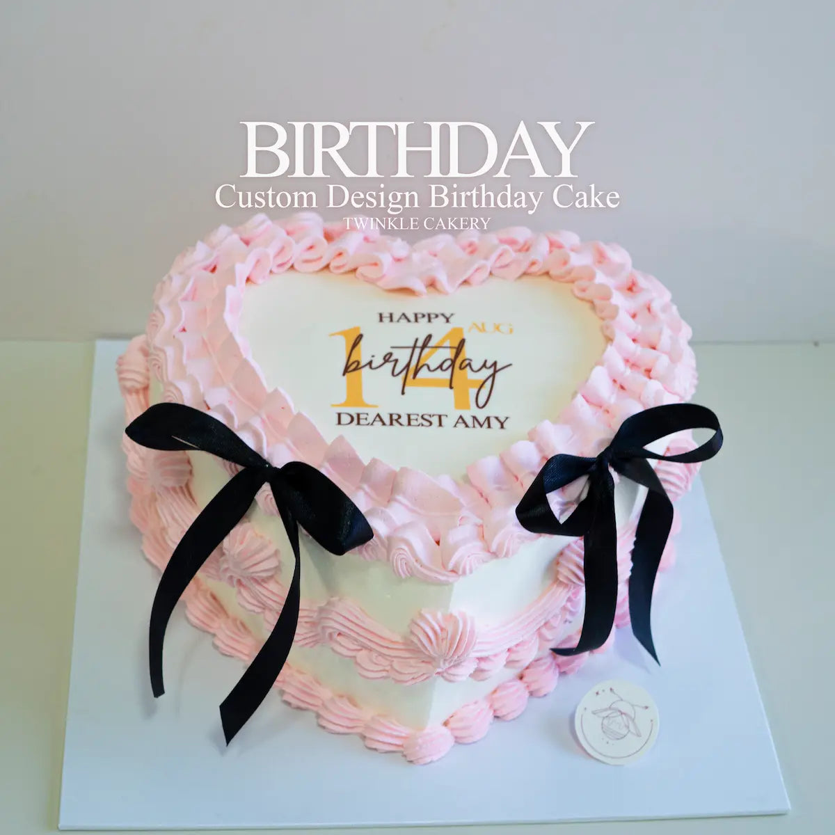 Minimalist love shape birthday cake with pink cream piping and sugar print - elegant cake delivery in Selangor & KL