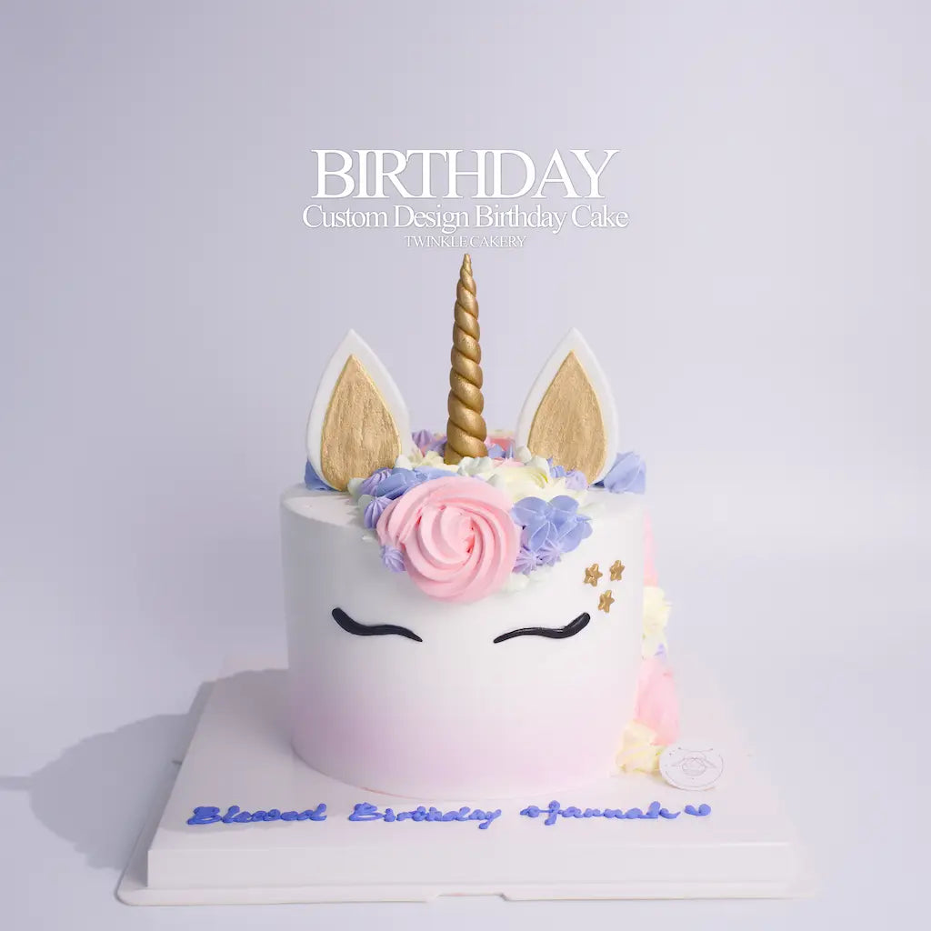 6-inch minimalist unicorn birthday cake with gold fondant horn by Twinkle Cakery KL & Selangor