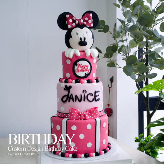 Minnie Mouse 3-layer birthday cake with pink theme and fondant topper - delivery in Selangor & KL