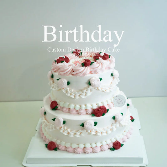 Elegant 2-tier birthday cake for moms with red & pink flowers - KL/Selangor delivery