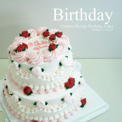 Elegant 2-tier birthday cake for moms with red & pink flowers - KL/Selangor delivery
