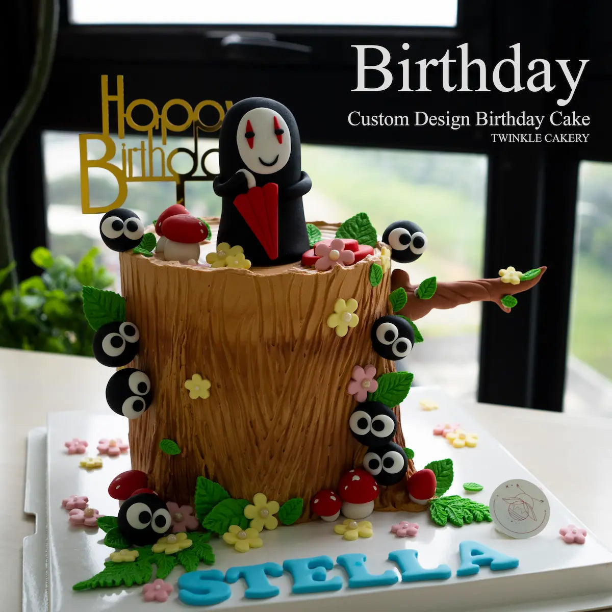 Angled view of No Face anime cake showing details - fresh cream cake KL delivery