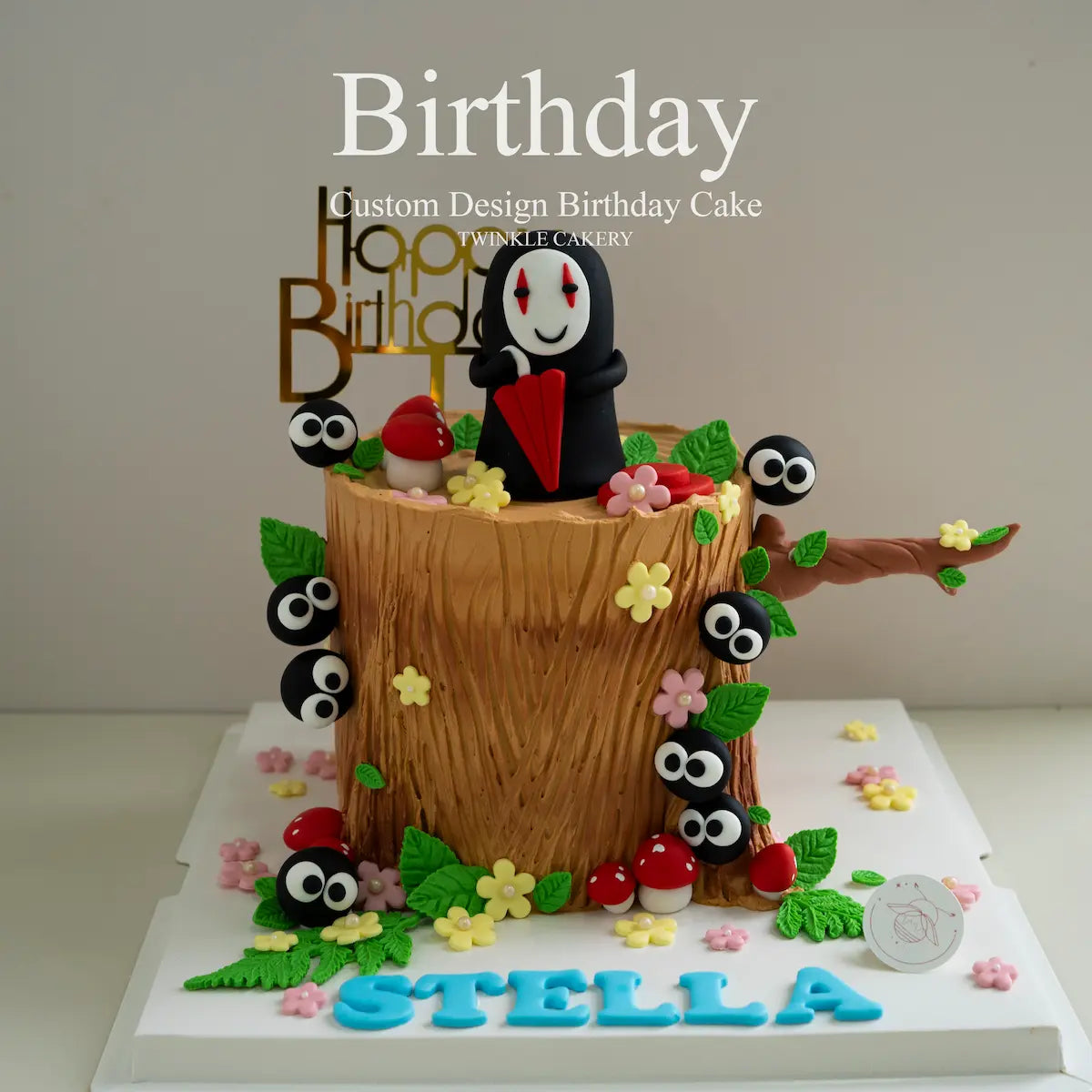 Angled view of No Face anime cake showing details - fresh cream cake selangor delivery