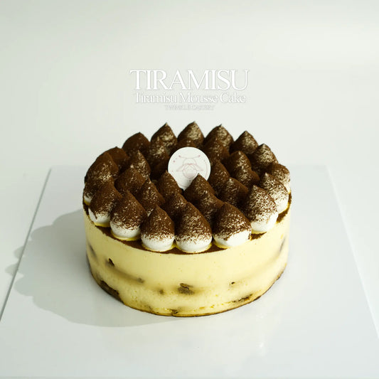 Alcohol free and no sugar added traditional tiramisu mousse cake dusted with cocoa by Twinkle Cakery KL.