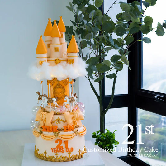 Orange 3D merry-go-round castle cake with 3D horses - Princess birthday cake KL/Selangor