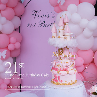 Orange 3D merry-go-round castle cake with 3D horses - Princess birthday cake KL/Selangor