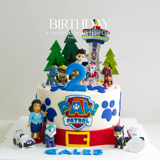 Paw Patrol birthday cake with sugar printed logo, fondant number 2, and character figures - delivery in Kuala Lumpur & Selangor
