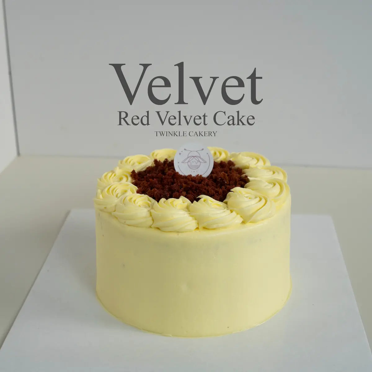 Whole premium Red Velvet birthday cake by Twinkle Cakery featuring rich cream cheese frosting piping and red velvet crumbs, ready for delivery in Kuala Lumpur.
