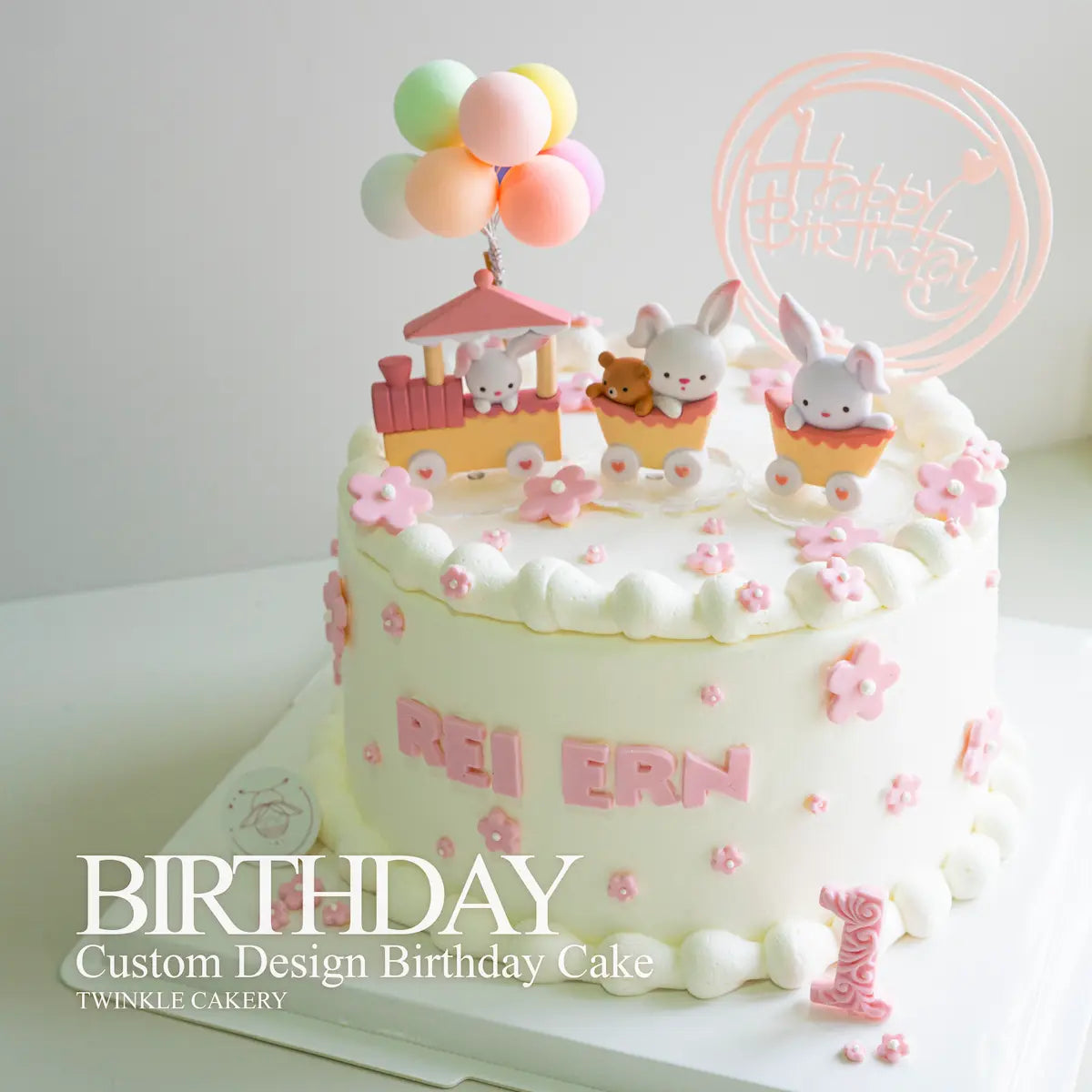 Rabbit birthday cake in pink party setting with matching decorations. Delivery across Selangor