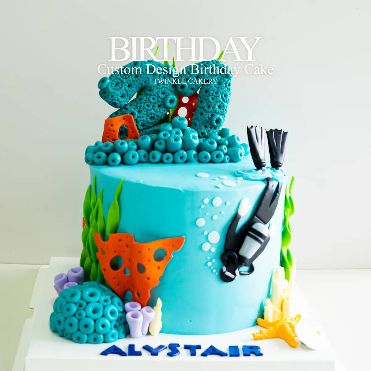 Scuba diver birthday cake with coral reefs and ocean waves - delivery in Selangor & KL