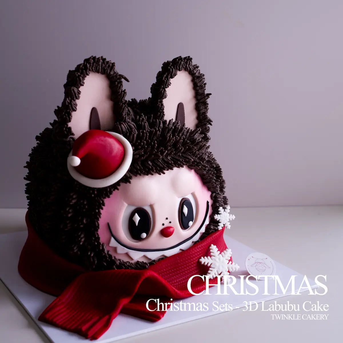 Side view of 3D Labubu Christmas cake with fondant snow decoration in Selangor