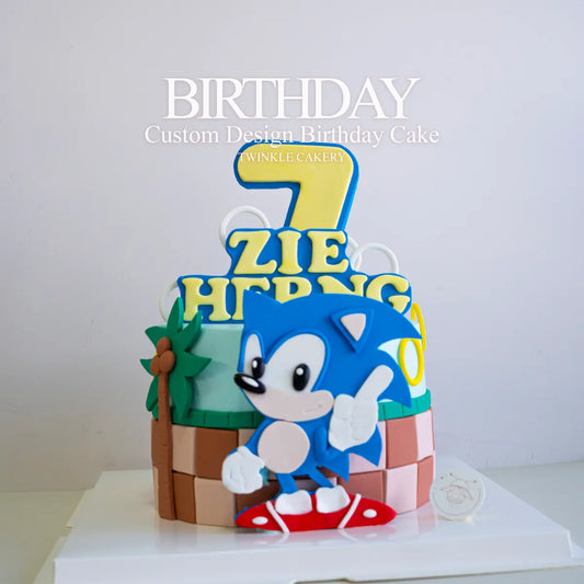 Sonic the Hedgehog birthday cake with blue theme and fondant figure - character cake delivery in Selangor & KL