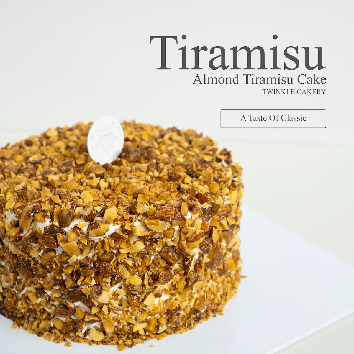 Close up view of crunchy roasted almond flakes and cocoa powder on an artisan cream cheese celebration cake.