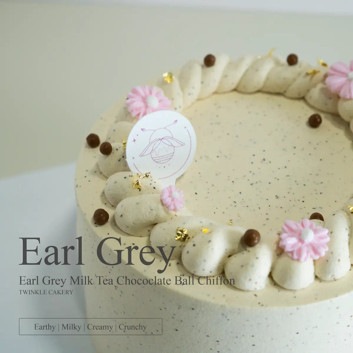Top-down view of Earl Grey fresh cream piping and chocolate ball decorations