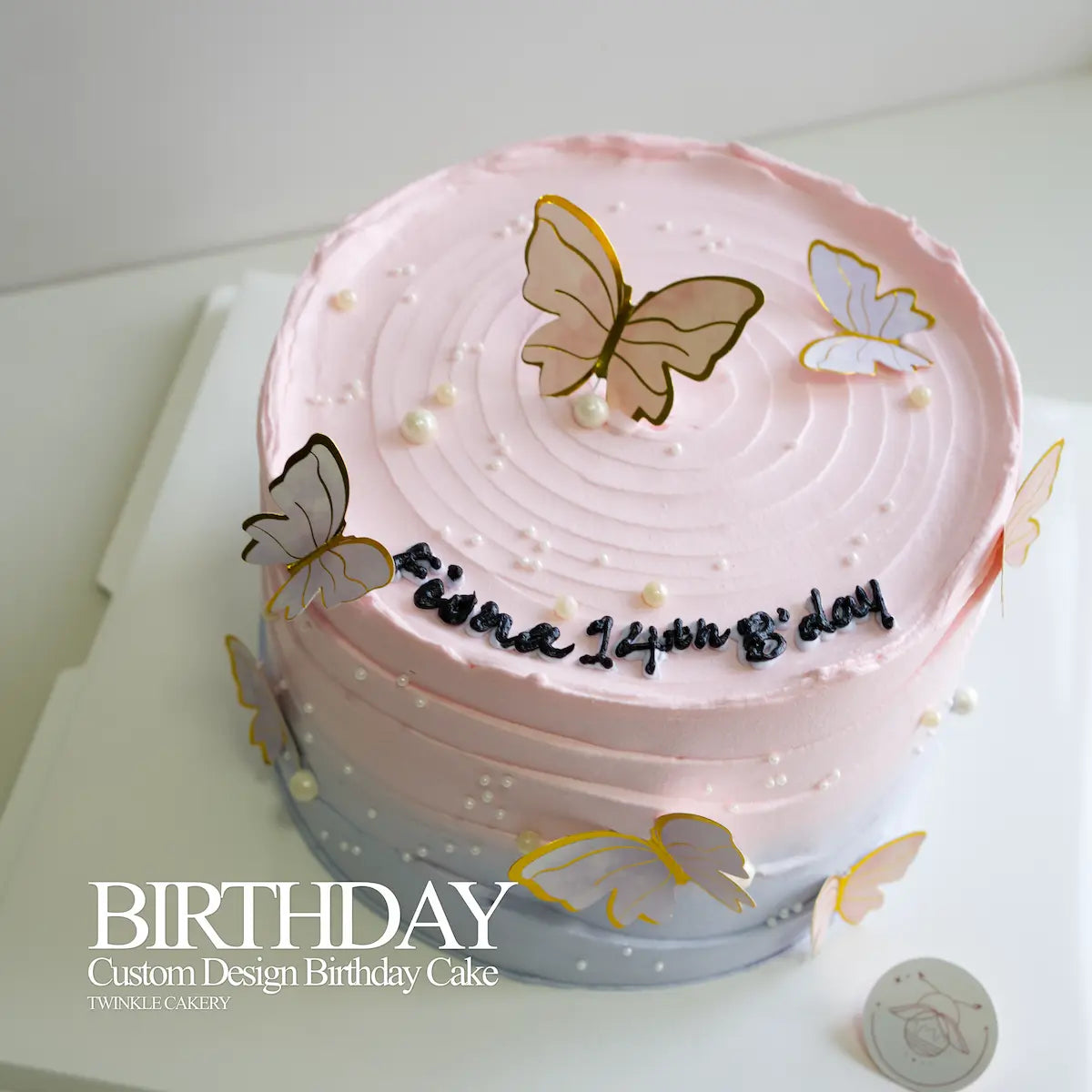 Aerial view of romantic butterfly cake showing butterfly placement and minimalist design from above. Delivery across Selangor and Kuala Lumpur