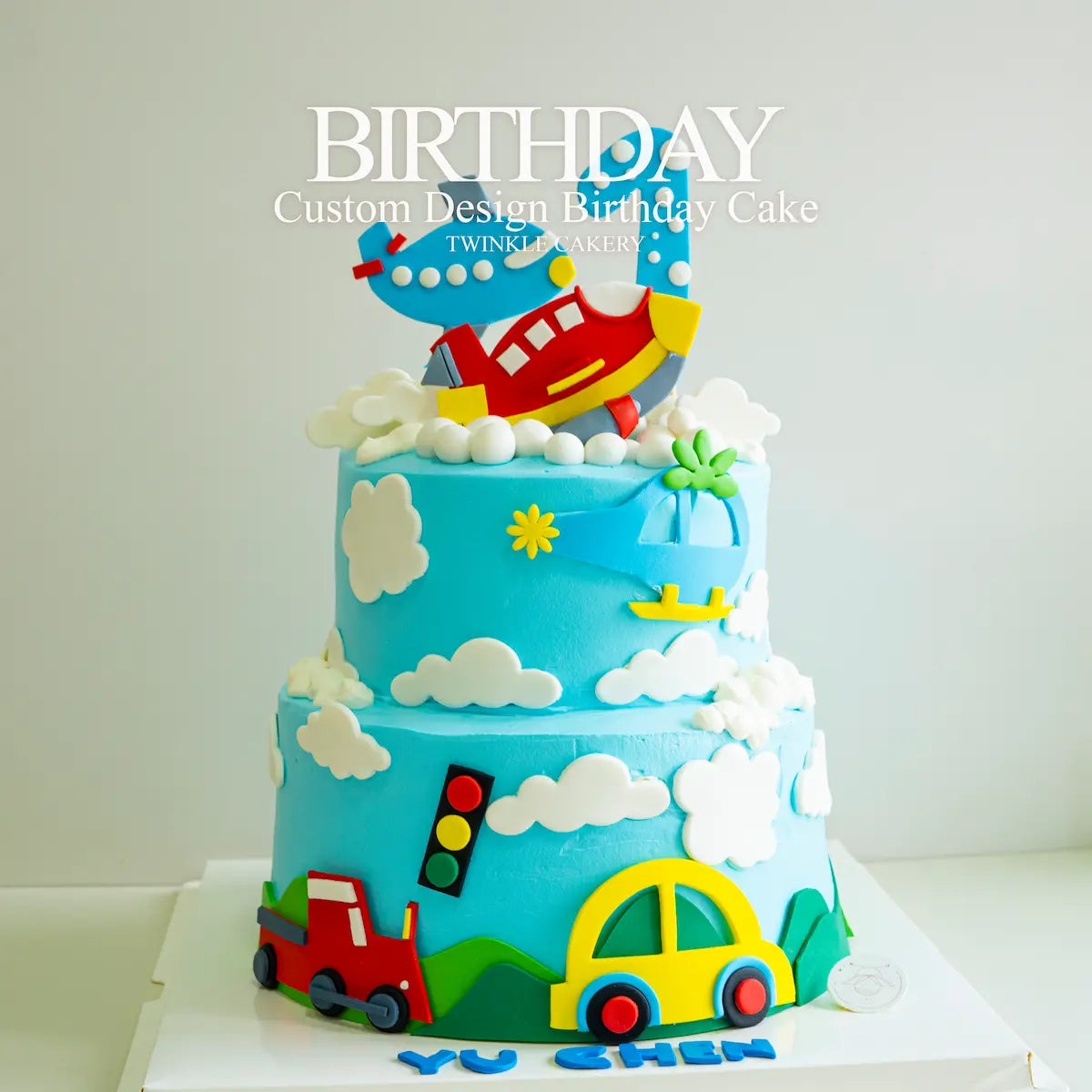 2-tier transportation birthday cake with cartoon cars, trucks, airplanes - vehicle theme cake delivery in Selangor & KL