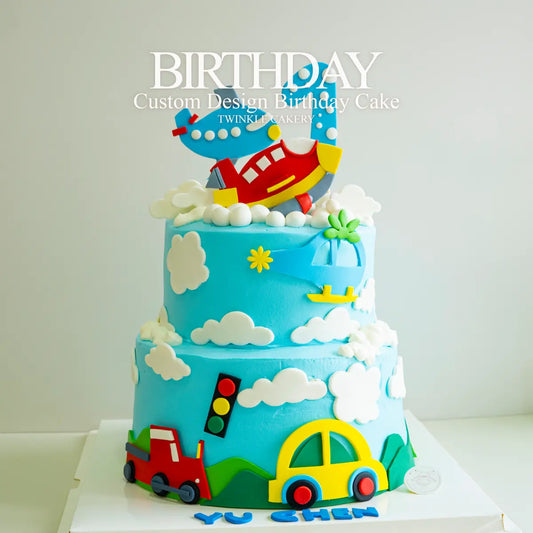 2-tier transportation birthday cake with cartoon cars, trucks, airplanes - vehicle theme cake delivery in Selangor & KL