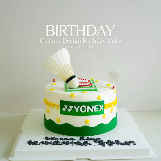 Custom birthday cake with badminton theme and 'YONEX' branding.  Delivery across selangor and kuala lumpur